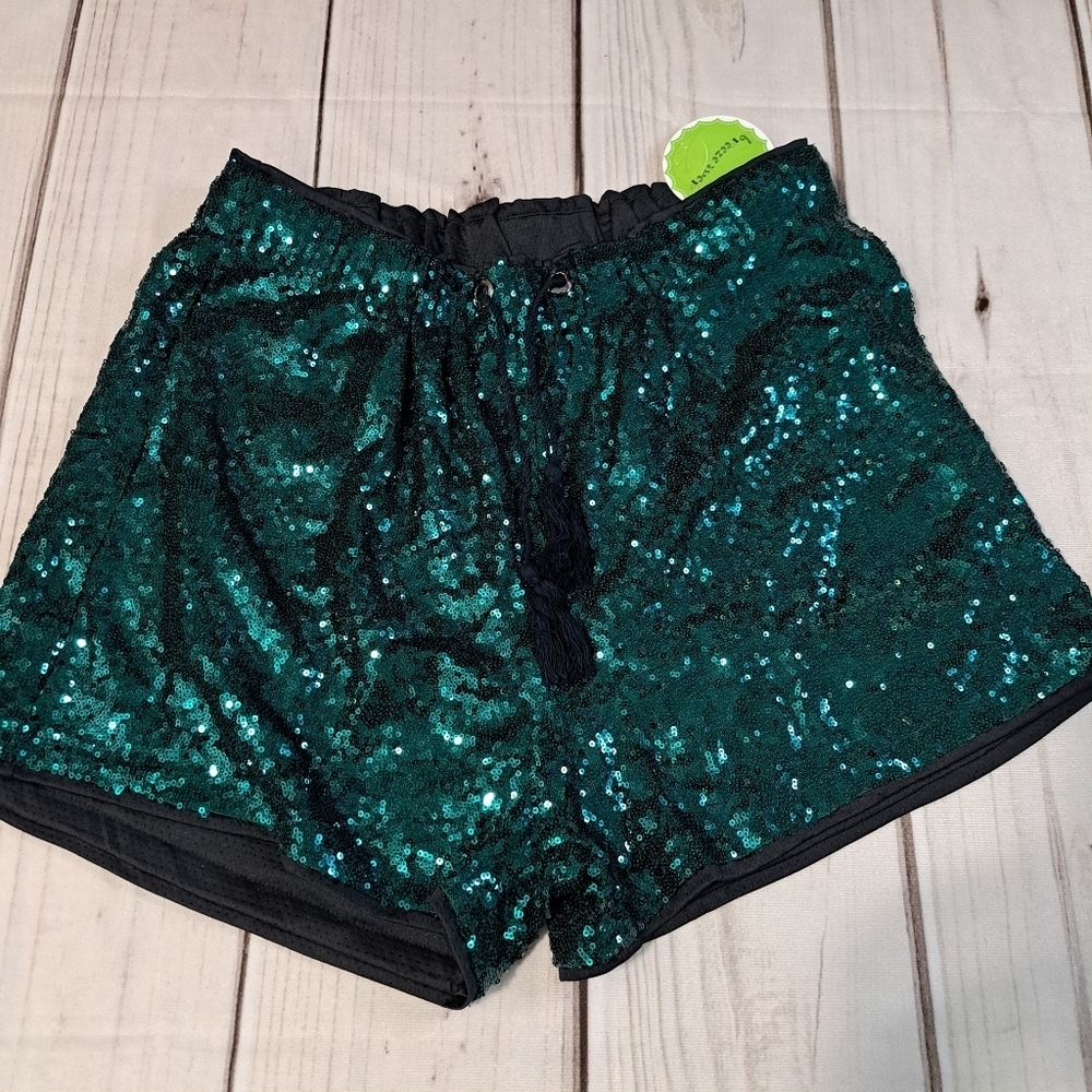 Breeze Ever 2XL Lined Emerald Green Sequin Shorts Drawstring/Elastic Waist